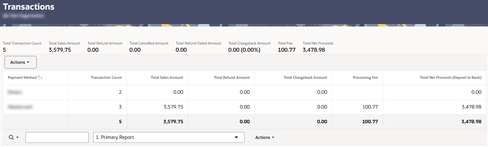 shows the top of the Transactions report with a drop-down option that says “1. Primary Report”