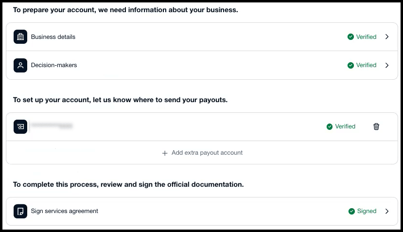 screenshot that shows each step verified including business details, decision-makers, payouts account, and signed agreement. screenshot that shows each step verified including business details, decision-makers, payouts account, and signed agreement.