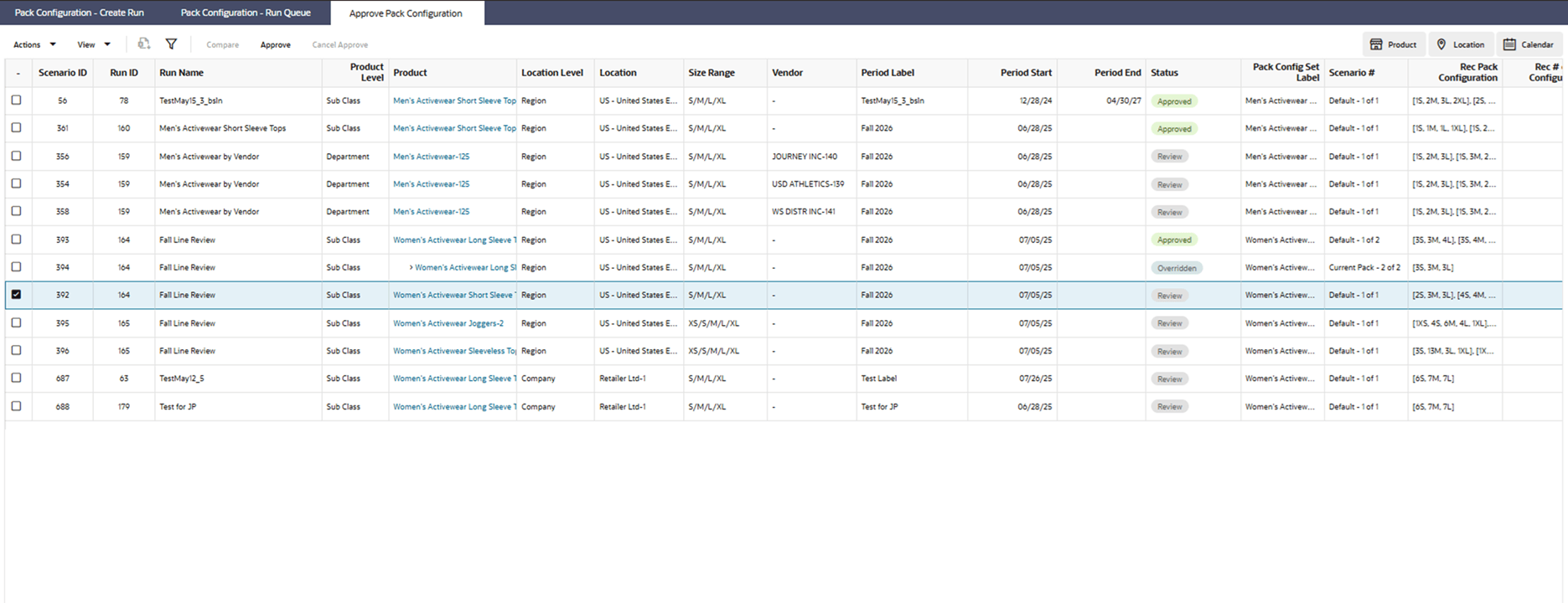 This image shows approve pack configuration.