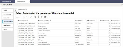 This image shows the promotion effect forecast configuration. This image shows the promotion effect forecast configuration.