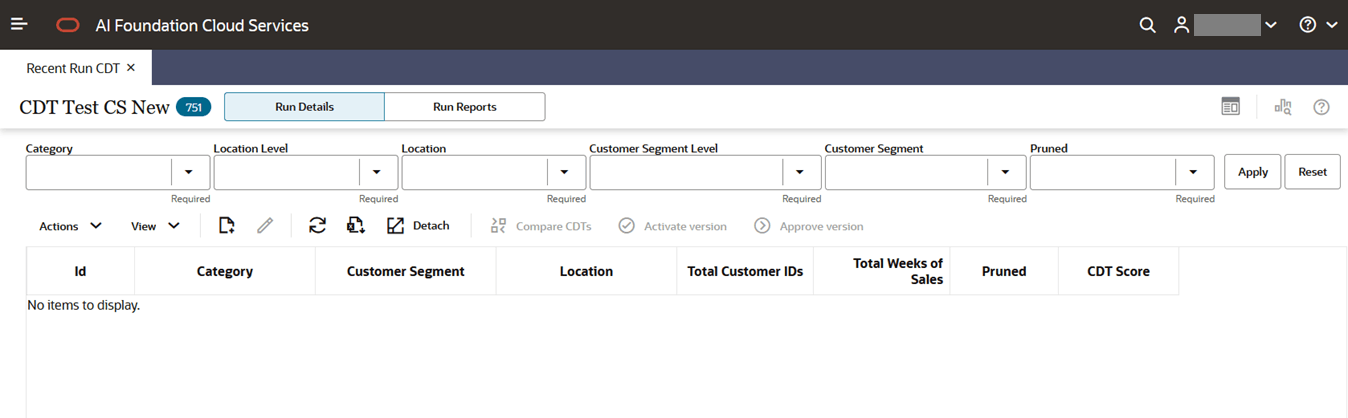 CDT Recent Run screen