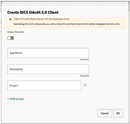 This figure shows the dialog box for creating an OAuth client.
