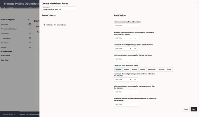 Create Markdown Rules screen