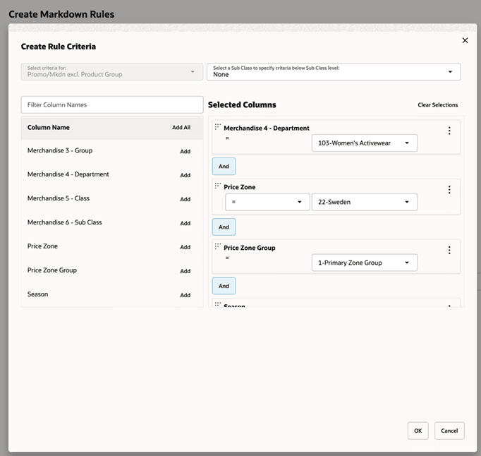 Create Markdown Rules screen
