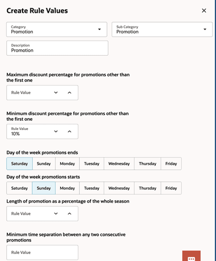Create Rule Values screen
