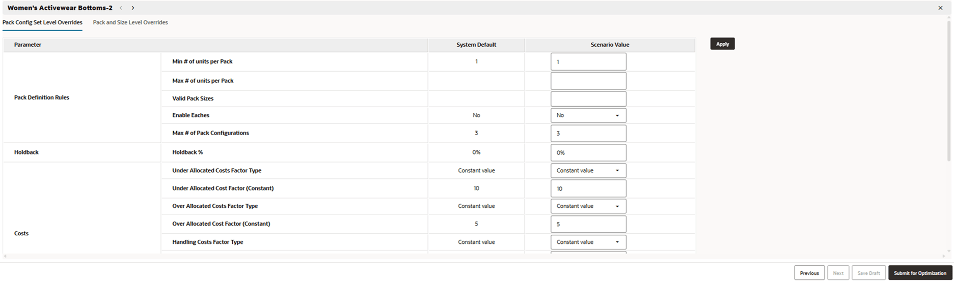 This image shows pack configuration set and size level overrides.
