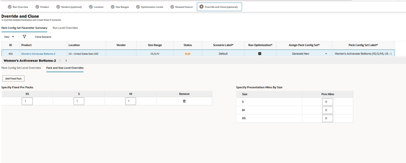 This image shows pack configuration set and size level overrides.