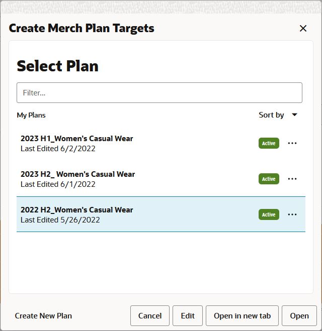 Create Merch Plan Targets Dialog