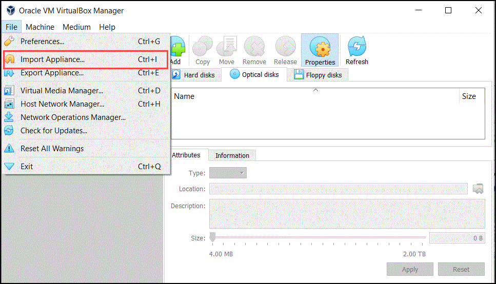 Main Menu: Import Appliance