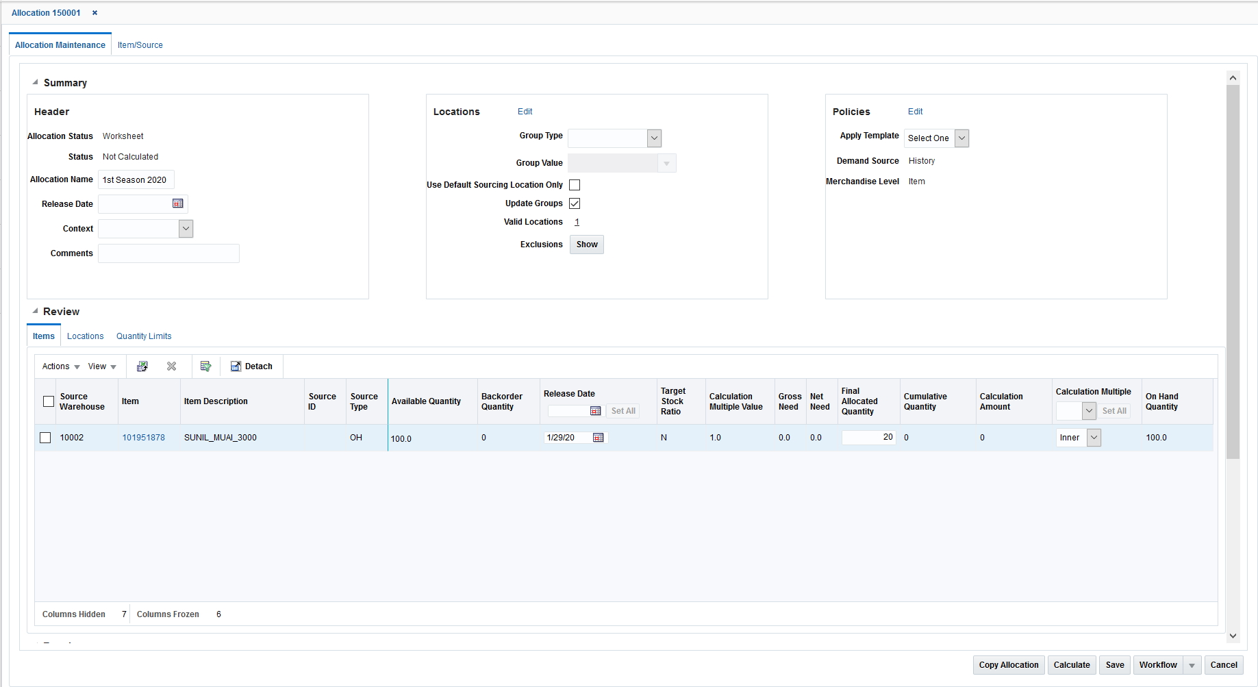 Allocation Maintenance Window - Review and Results View