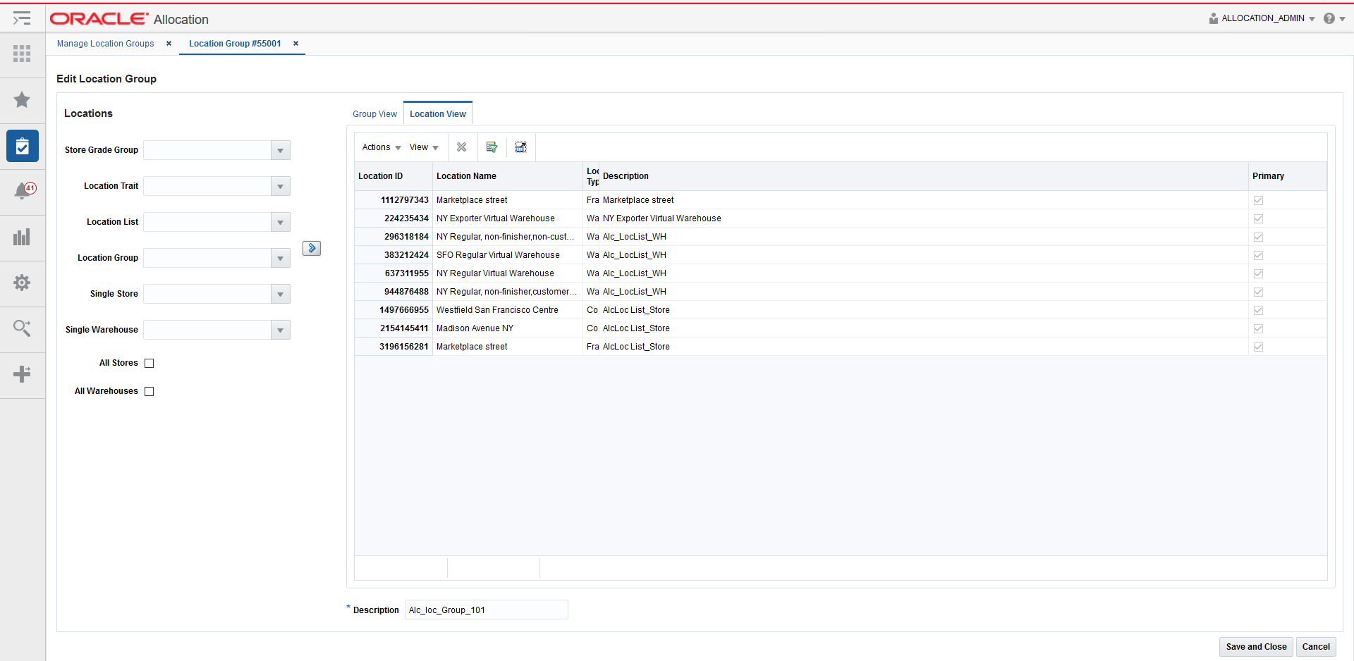 edit location group window