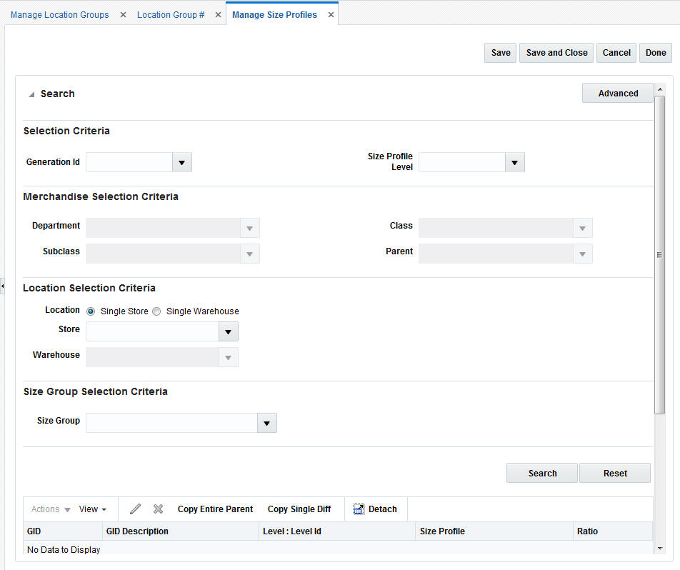 Manage size profiles window Manage size profiles window
