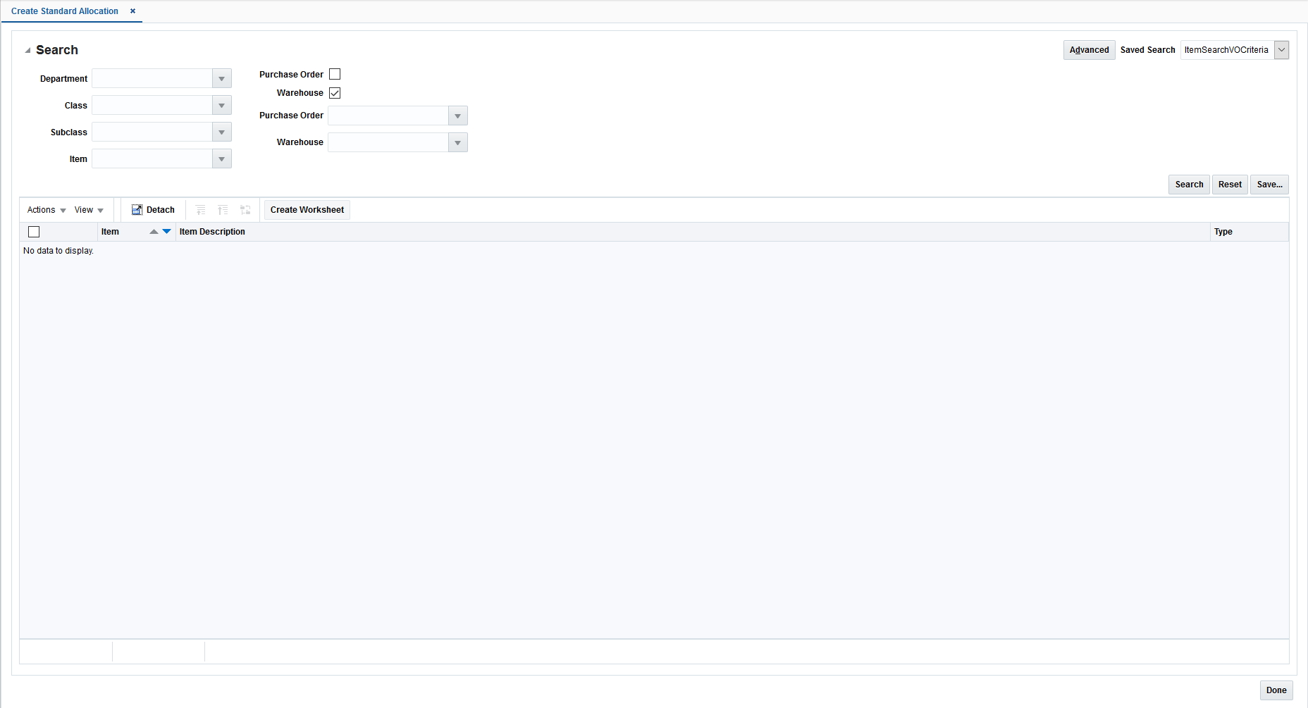 Create Standard Allocation Window - Basic Search