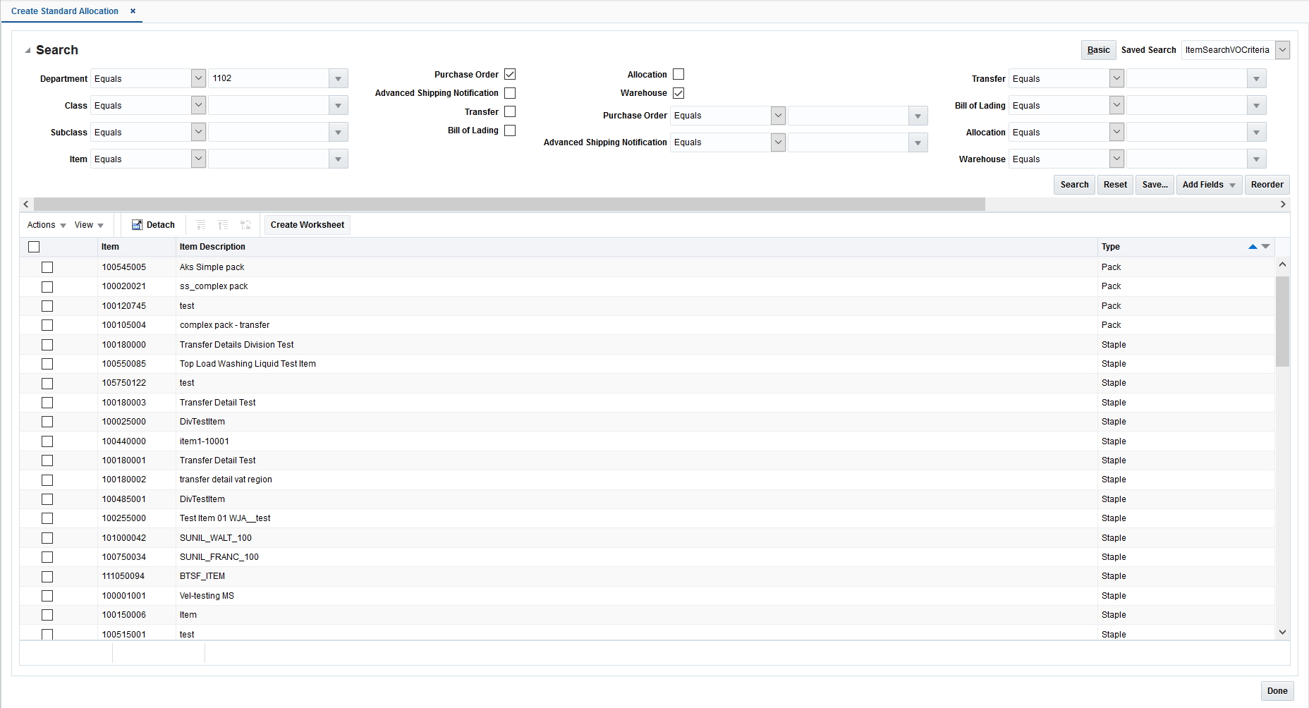 Create Standard Allocation Window - Advanced Search