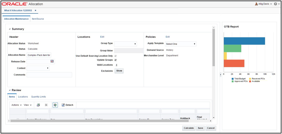 Open to Buy Report in What If Allocation Page