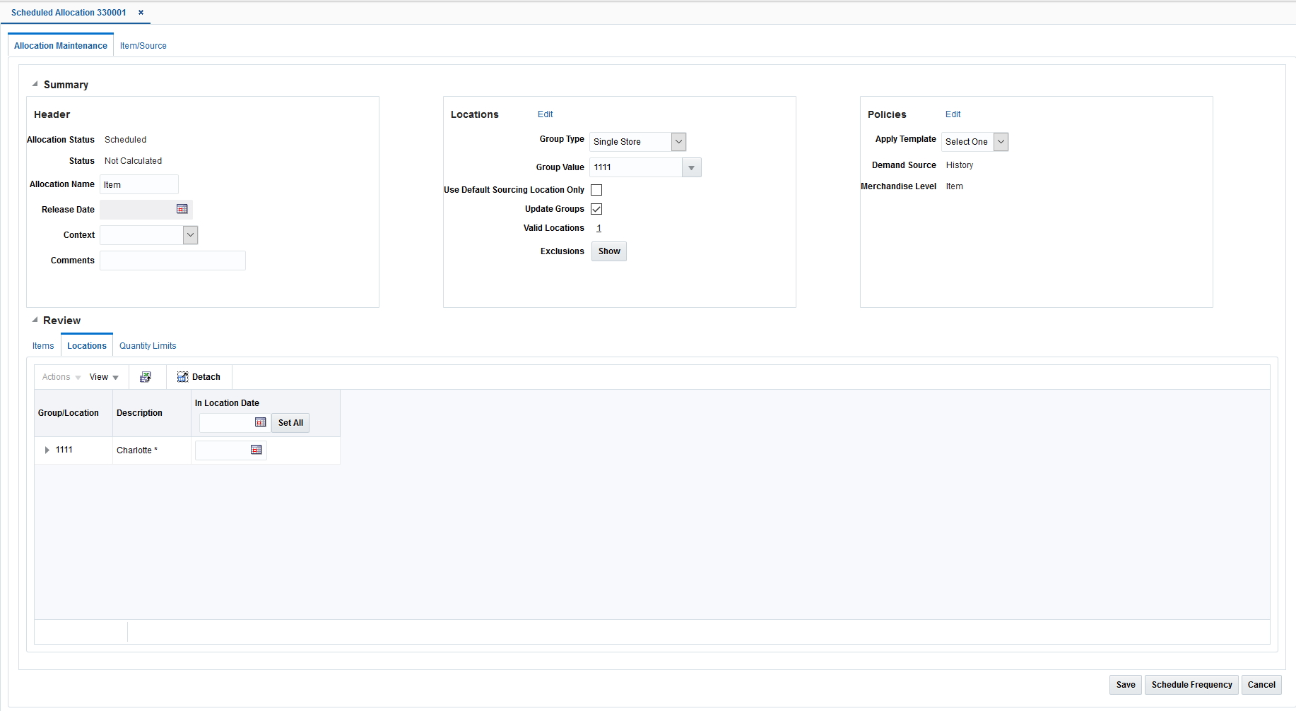 Allocation Maintenance Window - Locations Tab