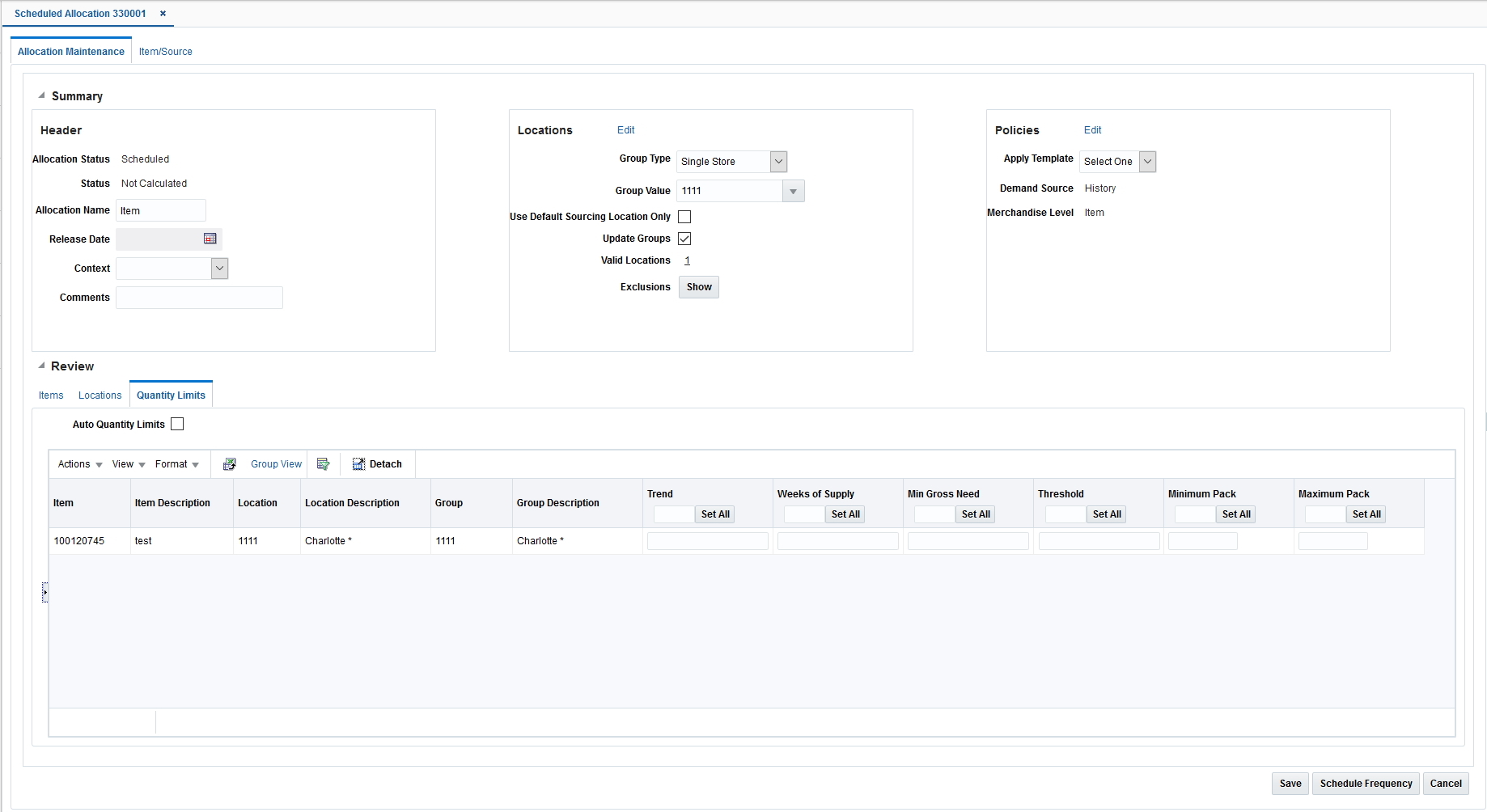 Allocation Maintenance - Quantity Limits Window