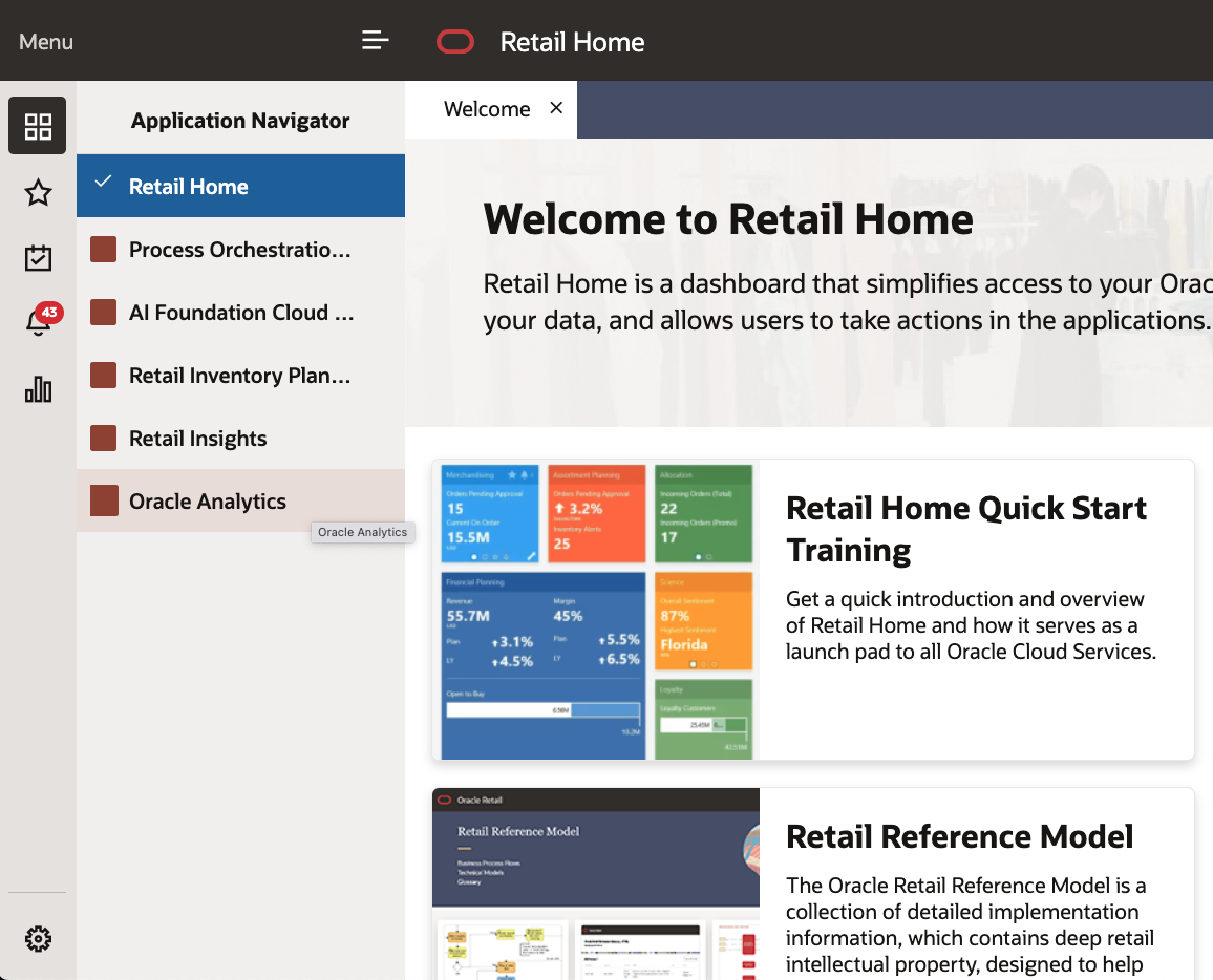 Oracle Analytics Link to the Data Visualization Application in Retail Home
