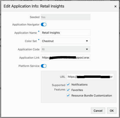 Edit Application Info: Retail Insights Window