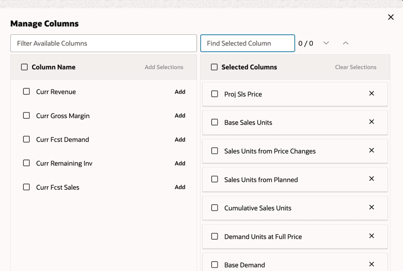 Manage Column Window