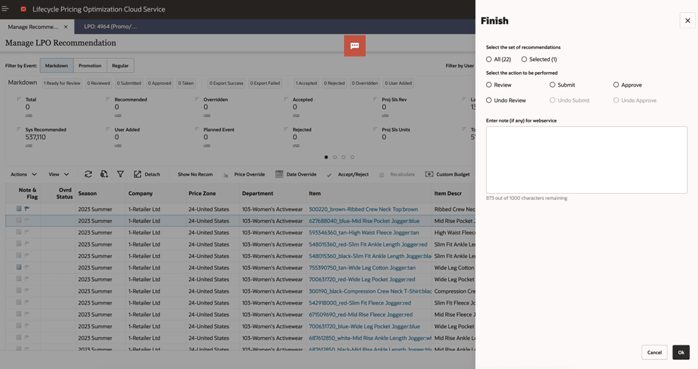 Manage LPO Recommendations window Manage LPO Recommendations window