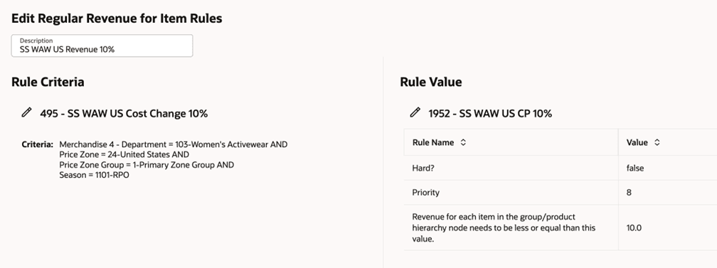 Edit Regular Revenue for Item Rules Window Edit Regular Revenue for Item Rules Window