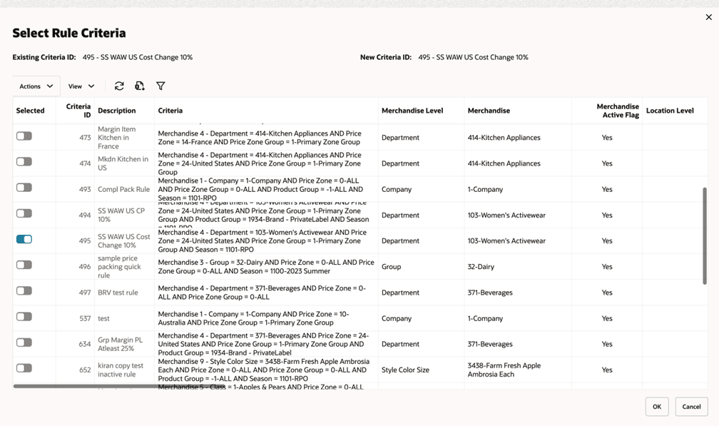 Select Rule Criteria Window Select Rule Criteria Window