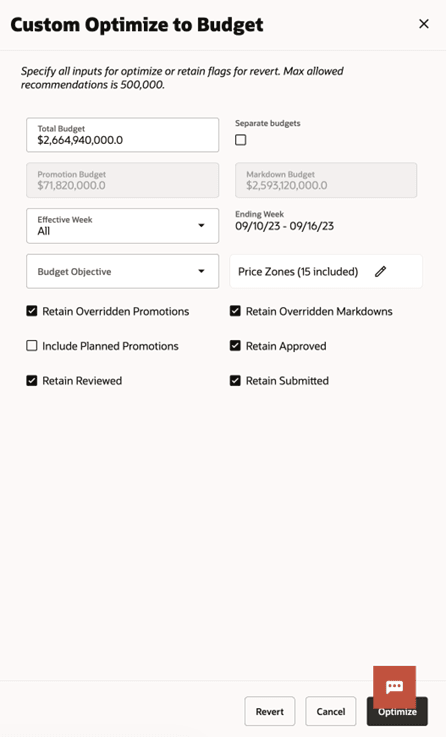 Custom Optimize to Budget window Custom Optimize to Budget window