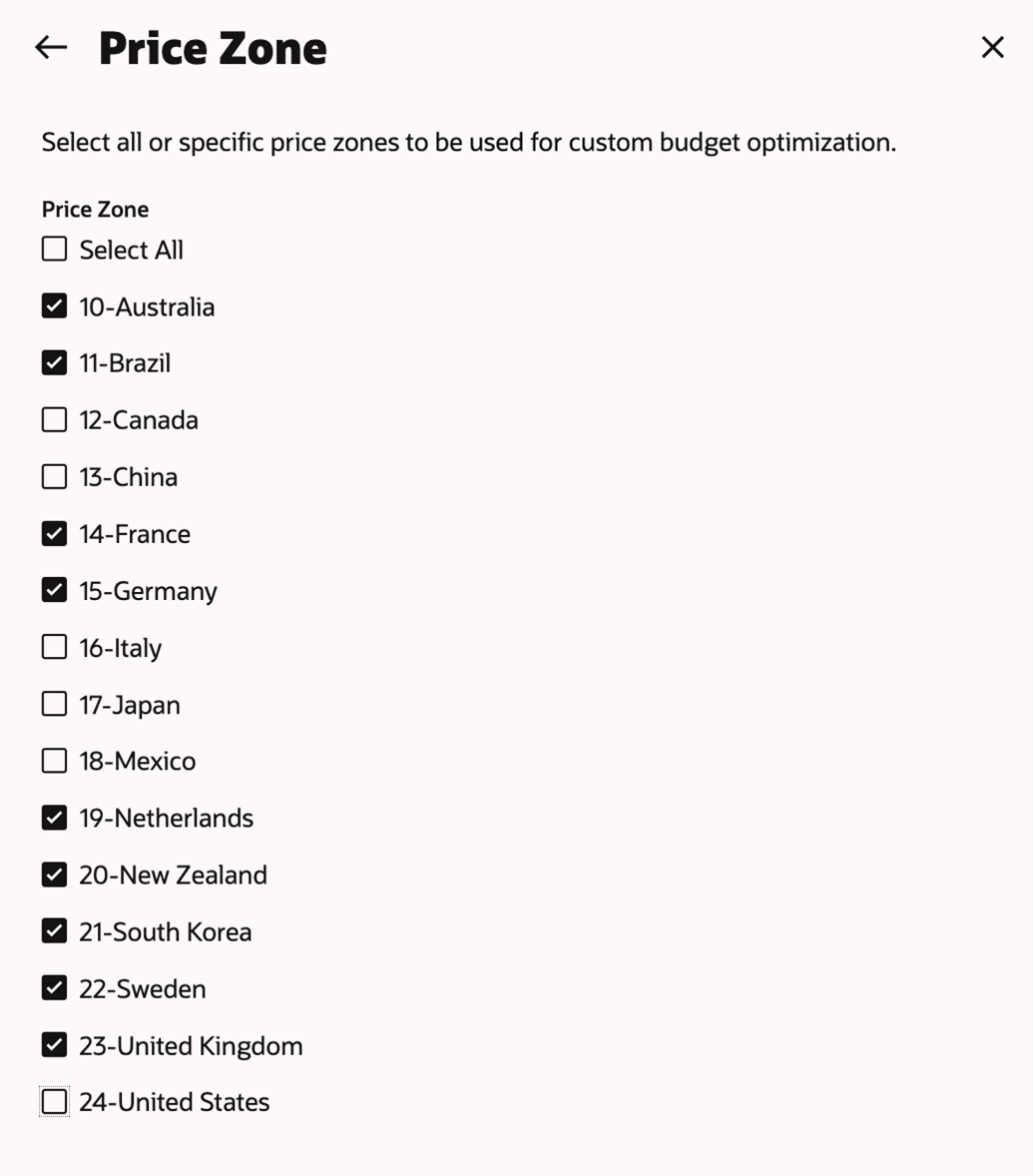 Select a Price Zone window Select a Price Zone window