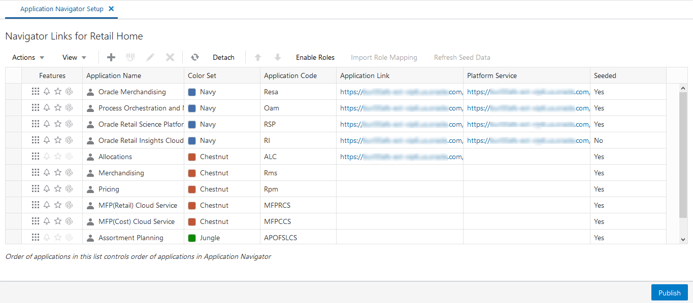 Application Navigator Setup screen