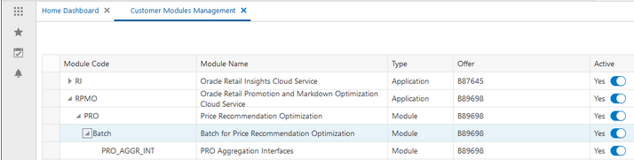 Customer Modules Management screen