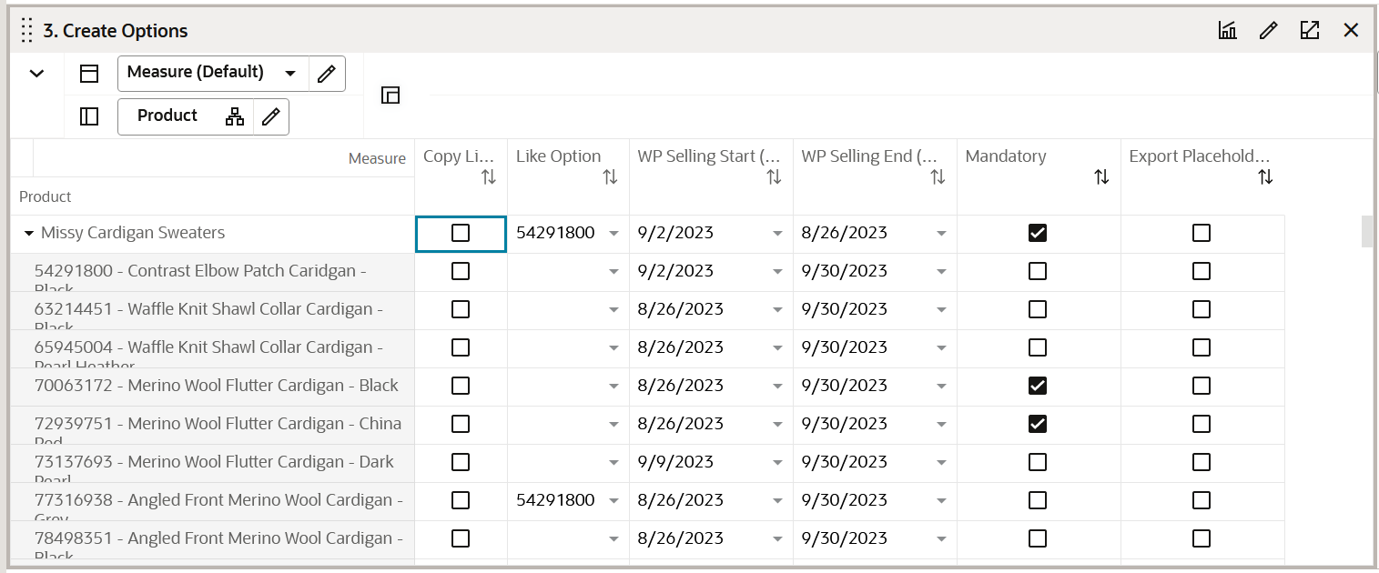 Create Options View Create Options View