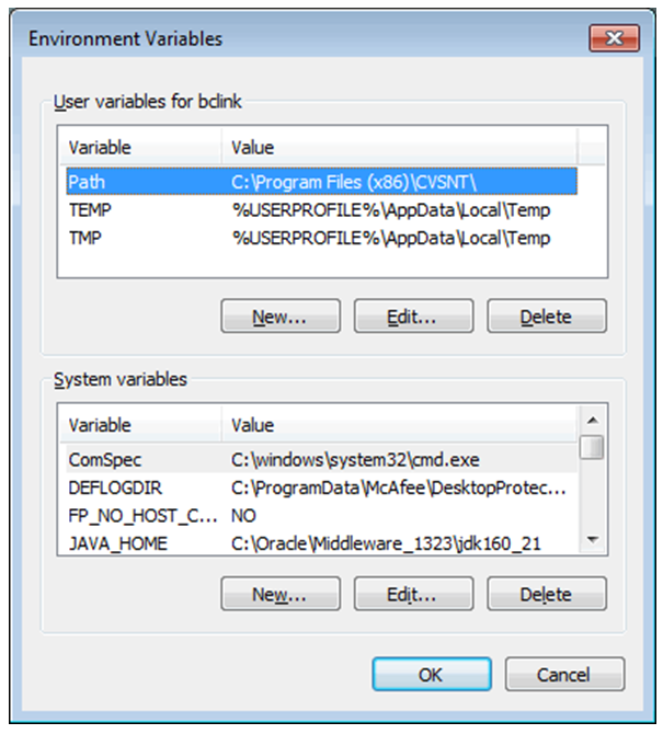 This image displays the window for Environment Variables