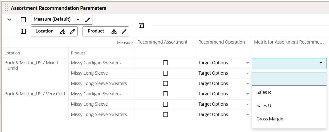 Assortment Recommendation Parameters View Assortment Recommendation Parameters View