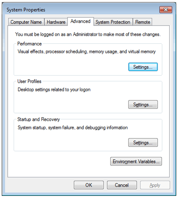 Window for System Properties - AdvTab Window for System Properties - AdvTab