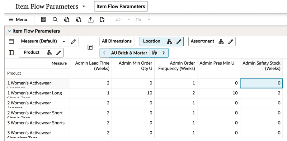 Item Flow Parameters View