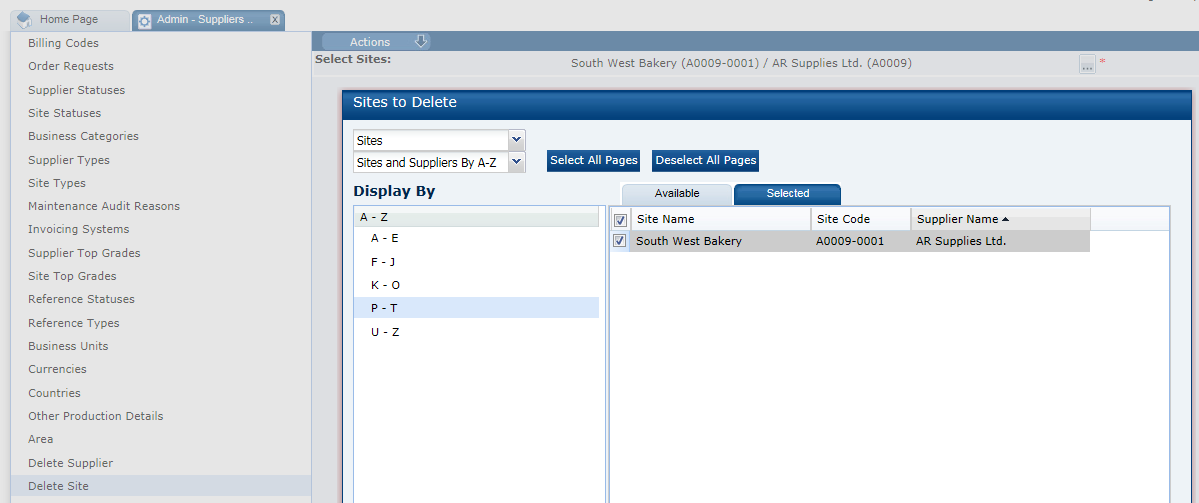 This figure shows the Sites to Delete page.