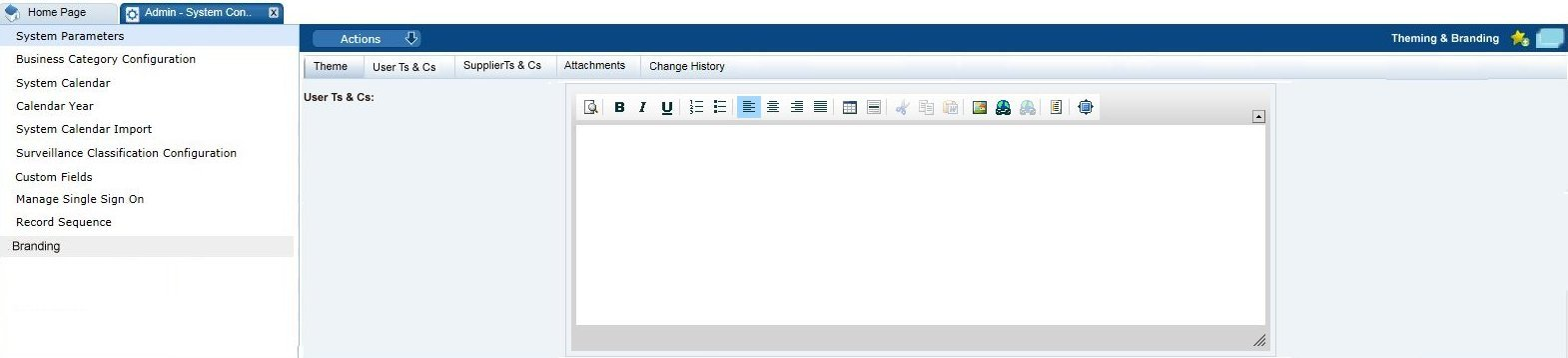 This figure shows the Theming & Branding User Ts & Cs page.