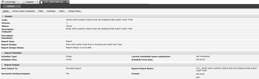 This figure shows the details for editing a report schedule.