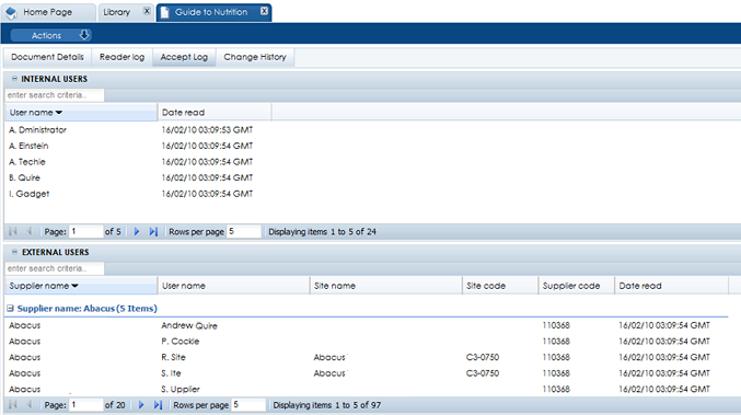 This figure shows the Accept Log page.