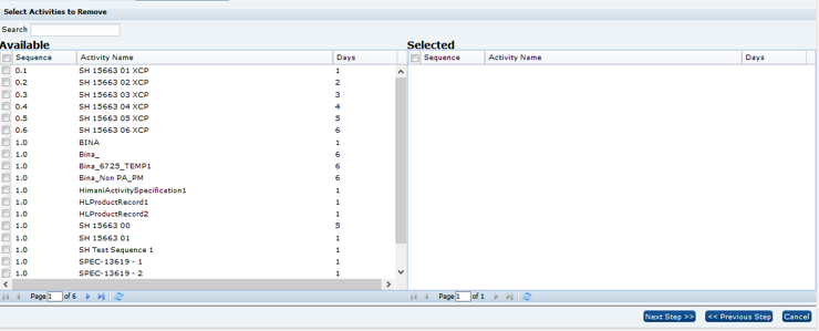 Select Activities to Remove Select Activities to Remove