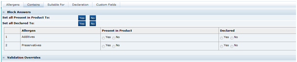 This figure shows the Food Specification Contains page. This figure shows the Food Specification Contains page.