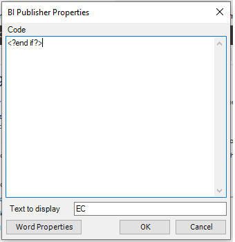 This image shows the BI Publisher code properties.