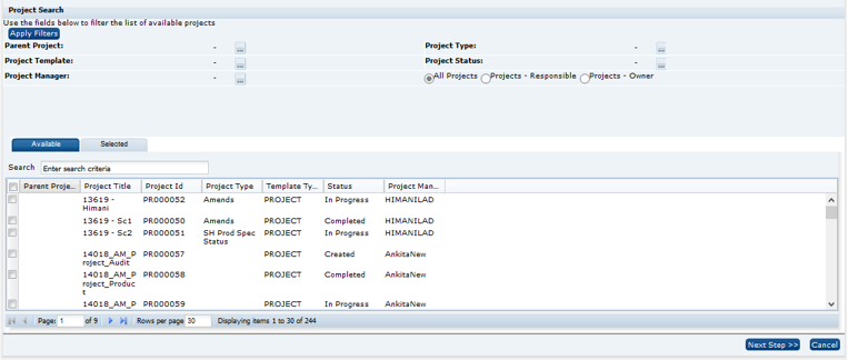 Schedule Projects Wizard Step 1