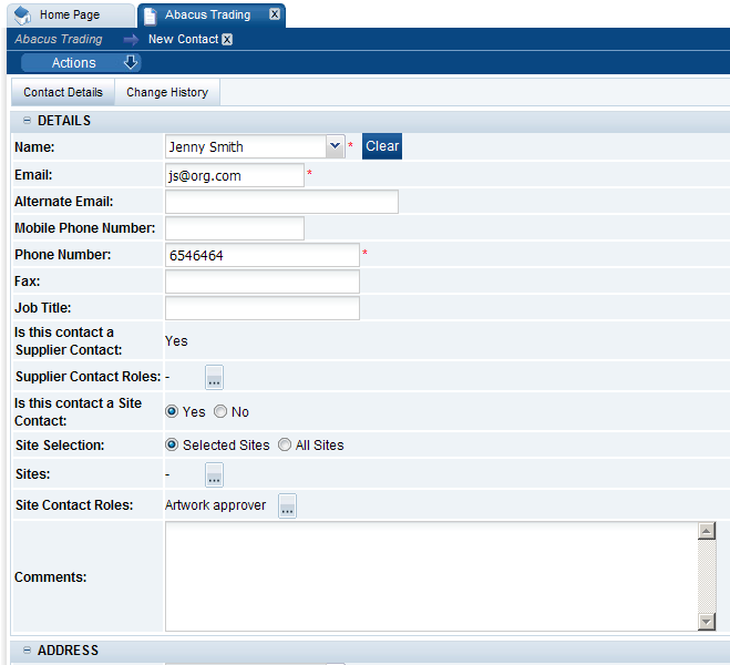 This figure shows the page for creating a new contact.