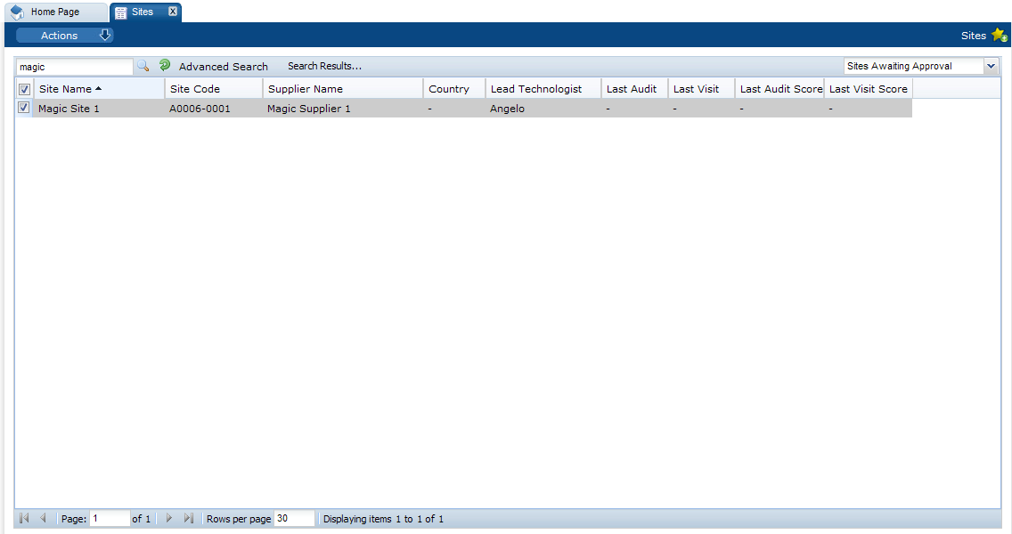 This figure shows the Sites Awaiting Approval page.