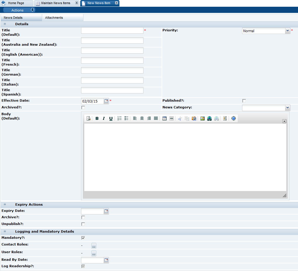 This figure shows the New News Item tab. This figure shows the New News Item tab.
