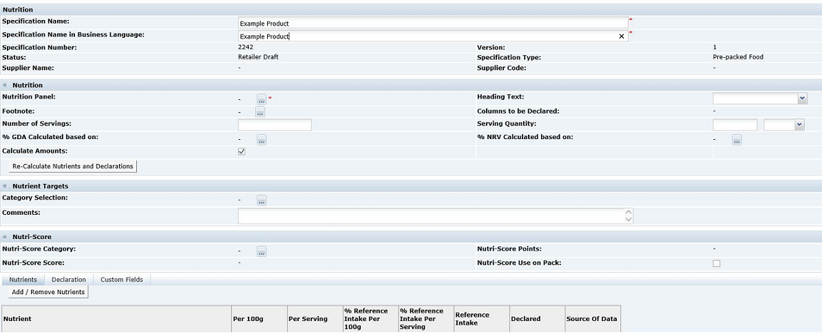 This figure shows the Food Specification Nutrition page. This figure shows the Food Specification Nutrition page.