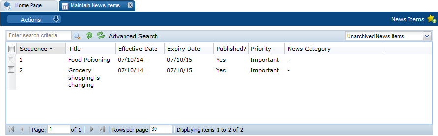This figures shows the Maintain News Items tab. This figures shows the Maintain News Items tab.
