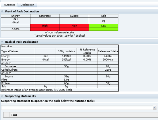 This figure shows the Food Specification Declarations page. This figure shows the Food Specification Declarations page.